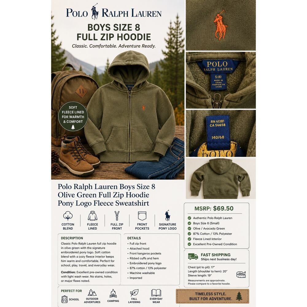 Polo Ralph Lauren Boys Size 8 Olive Green Full Zip Hoodie Pony Logo Cotton Blend